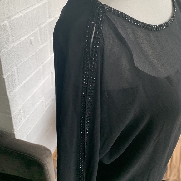 Cache Sequins Embellished Sheer Elegant Black Evening Mini Dress sz S - Picture 4 of 9